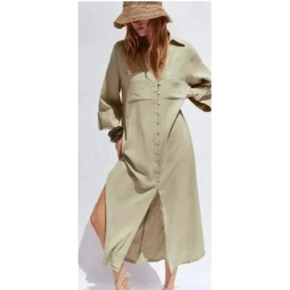 NWOT Zara Sage Green Linen Blend Shirt Dress, Size Small - Picture 1 of 13